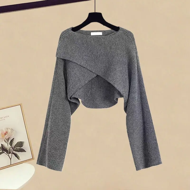 Autumn and Winter Fashion Women's Set New Korean Edition Design Sense Cross Sweater Slim Slim Slim Hanging Dress Two Piece Set