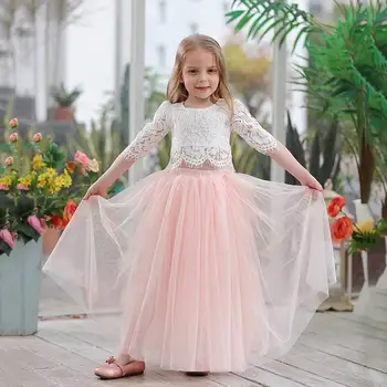 Set per bambini abbigliamento per ragazze Top in pizzo a mezza manica + gonna lunga rosa Champagne abbigliamento per bambini 0-10T E17121
