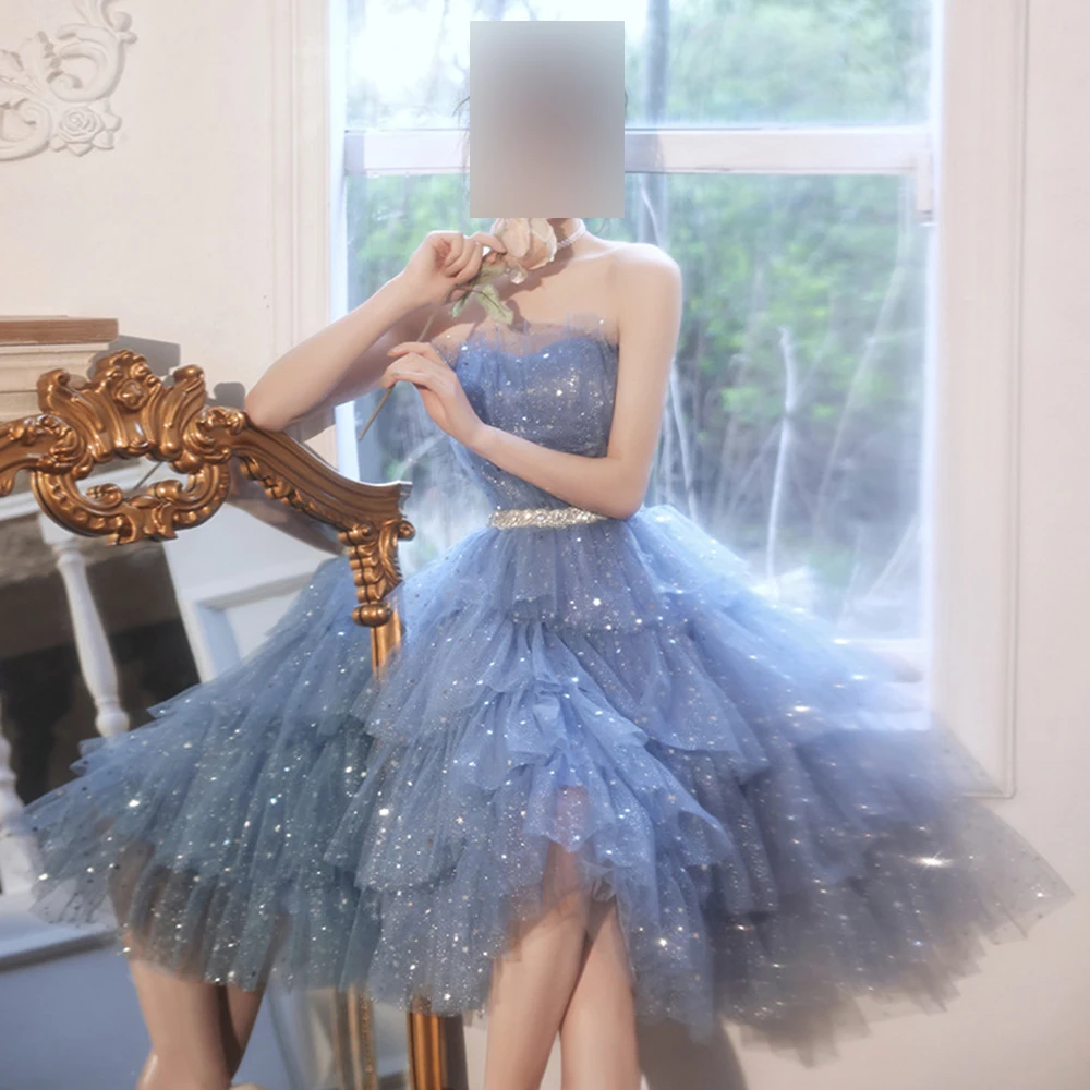 

GUXQD Knee Length Strapless Women Evening Dresses Tulle Sequins Tiered Prom Party Gown Graduation Vestido De Fiesta Abendkleider