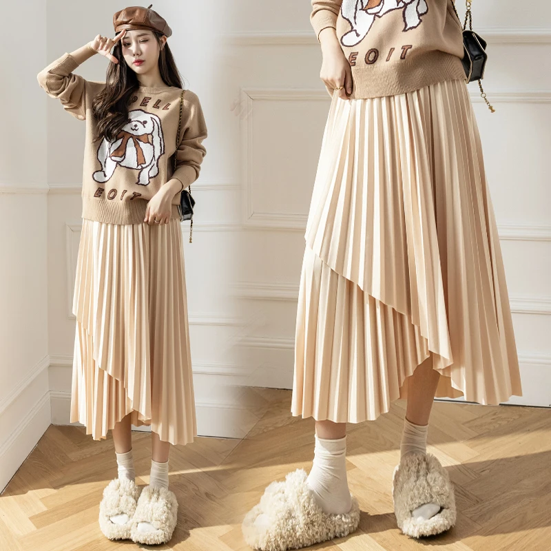 Pregnant Women Skirt Autumn Winter Korean Fashion Irregular Pleated Maternity Skirts Elastic Waist Belly Loose Clothes for Pregnant Women Pregnancy