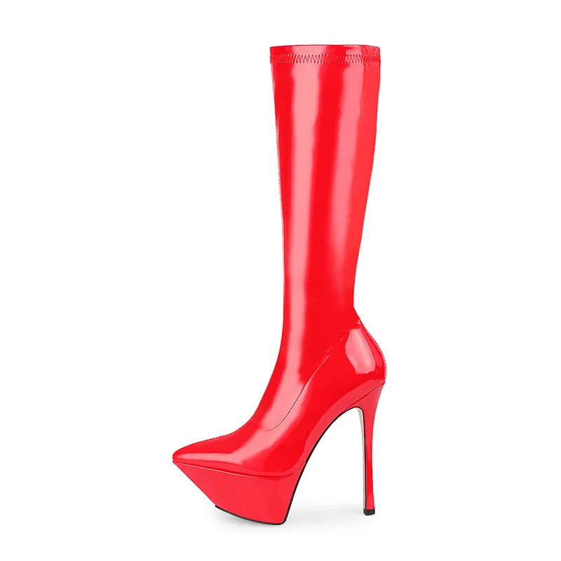 

FHC New 15cm Women Knee High Boots,Sexy Long Platform Botas,Stage Pole Dance Shoes,Pointed Toe,Big Size 45,Black,Red,Dropship