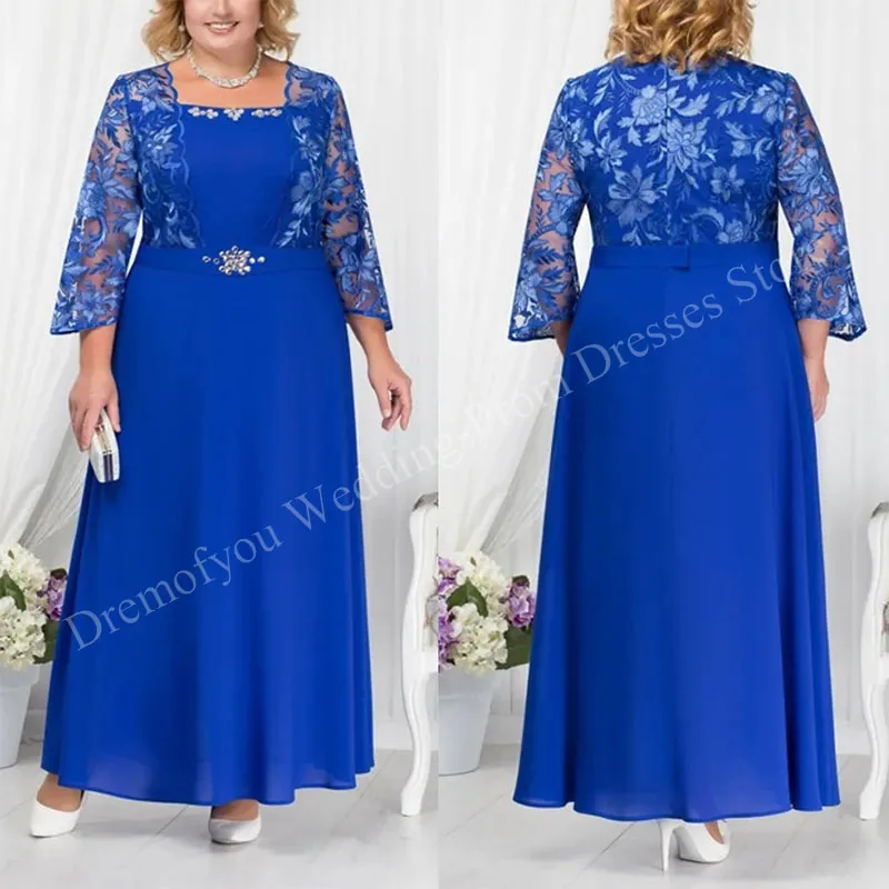 

New Plus Size Elegant Royal Blue Mother of the Bride Dress with Appliques Beads Ankle-Length Formal Occasion Wedding Guest Party