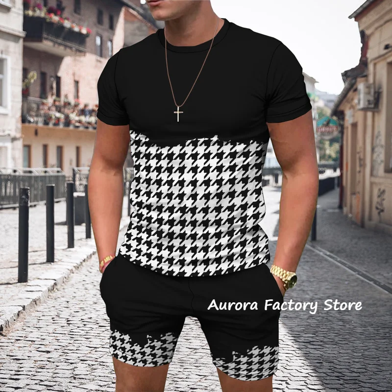 Summer Men's Plaid Stripes Tracksuit Solid Color T-Shirt Shorts Set Vintage Suit Male Fashion Outfit Clothing Casual Streetwear