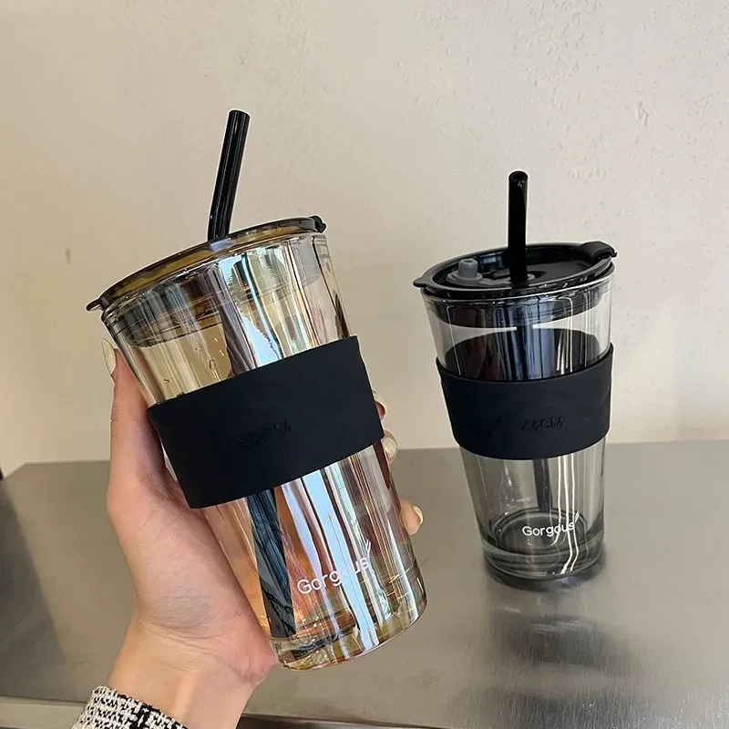 450ml Coffee Cup Water Bottle Thick Glass Mug Heat-Resistant Milk Juice Cup  Drinkware Travel Sealed Lids Non-slip Set Straw Mug