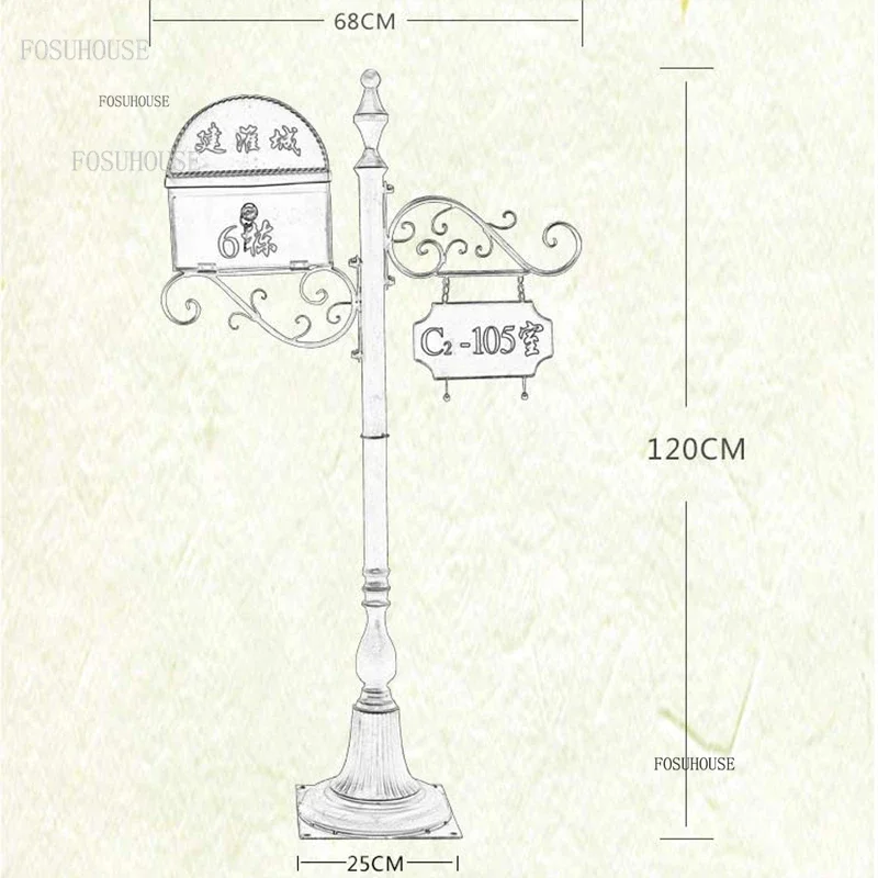 Retro European Mailboxes Outdoor Villa Community Garden Letter Box Wrought Iron Outdoor Rainproof Inbox Floor Mailbox