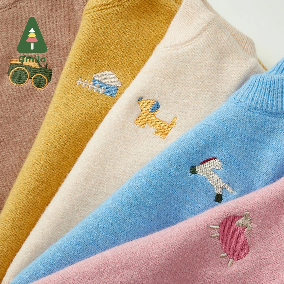 Amila Baby Sweater Spring New Solid Color Turtleneck Plain Boys and Girls All-match Cartoon Embroidery Children's Clothes