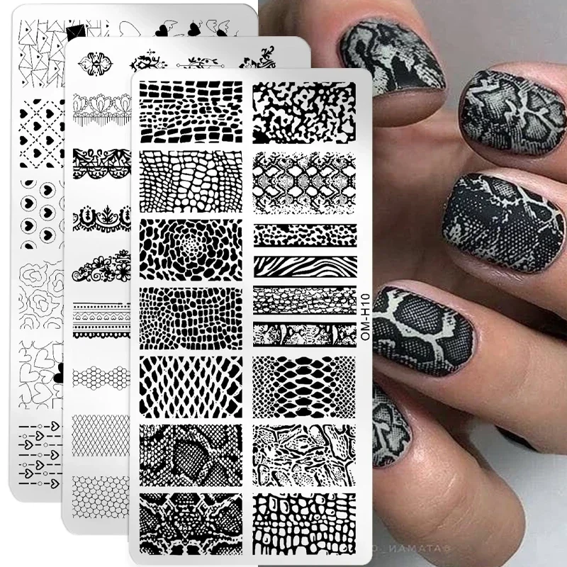 Nail Stamping Plates with Snake Leopard English Letter Love Heart Leaves Flowers Design Nails Art Stencil Stamp Tools