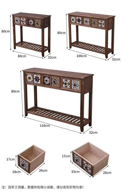 32インチ ヴィンテージ木製コンソールテーブル 引き出し棚付き ソファ