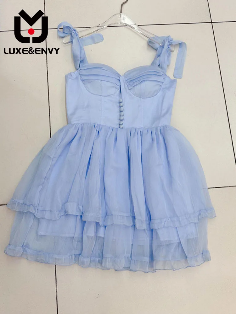 

LUXE&ENVY Spring/Summer New Gentle Sweet Chiffon Lace Up Fish Bone Dress Women 2023 Summer
