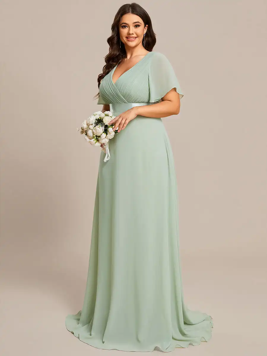 Plus Size Evening Dresses Long A-LINE Double V-Neck Ruffles
