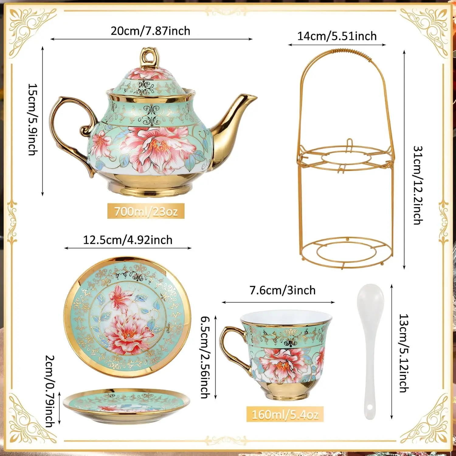20 Pcs Porcelain Tea Set with Metal Holder Adult Ceramic Tea Party Set European Flower Cup Saucer for Adult Women