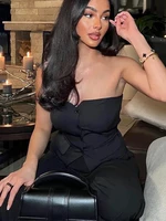 HH 2024 Women Summer Soild Shorts Skirts Set Casual Tube Top With Front Button Tube Corset+Slim Slit Shorts Office Lady Suit - Image 2
