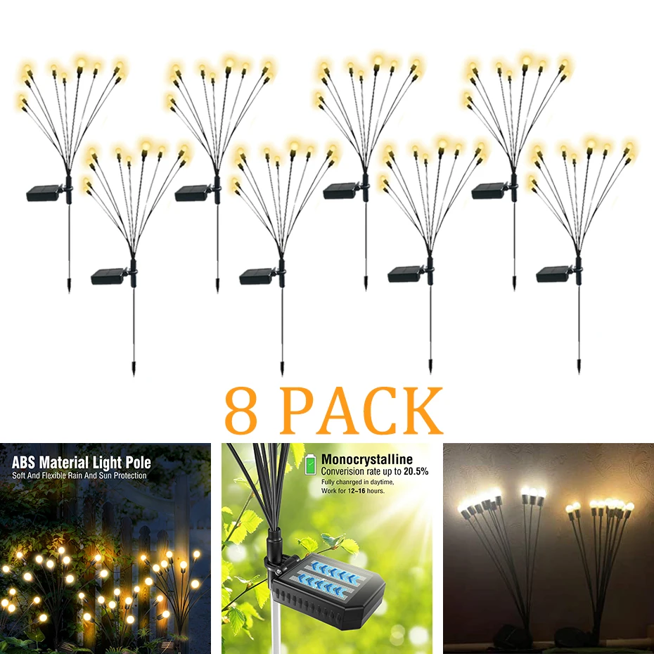 8Pack Solar Firefly Lights 10LED Outdoor Waterproof Swaying Light For Yard Patio Pathway