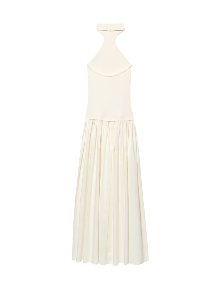 TFMLN Halter Backless Dress For Ladies Elegant Patchwork Design Sleeveless Open Back Summer Solid Party A-line Dresses New