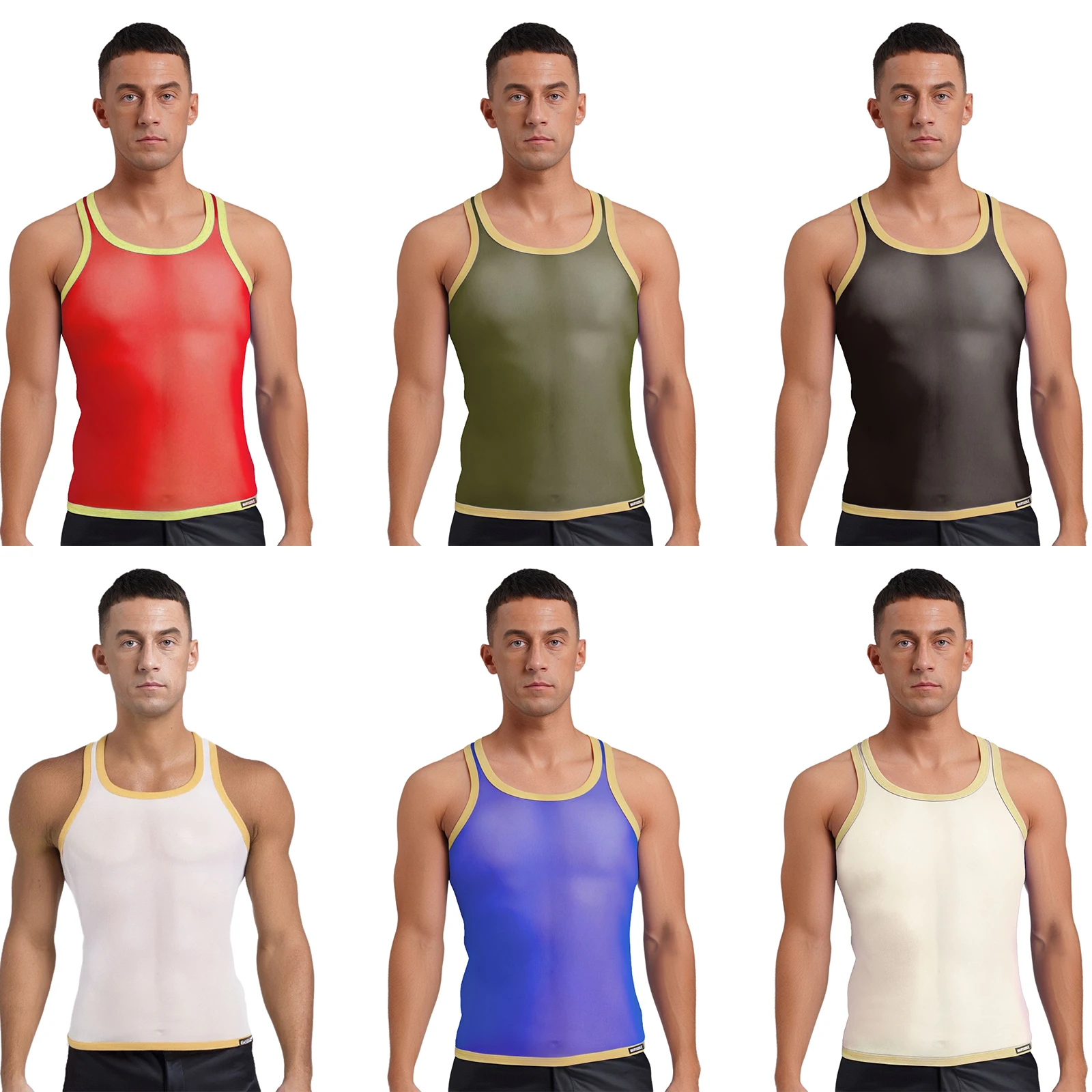 Mens Sheer Mesh Singlet 탑 대비 컬러 트림 Racerback 통기성 레슬링 탱크 탑 보디 빌딩 체육관 스포츠 Beachwear
