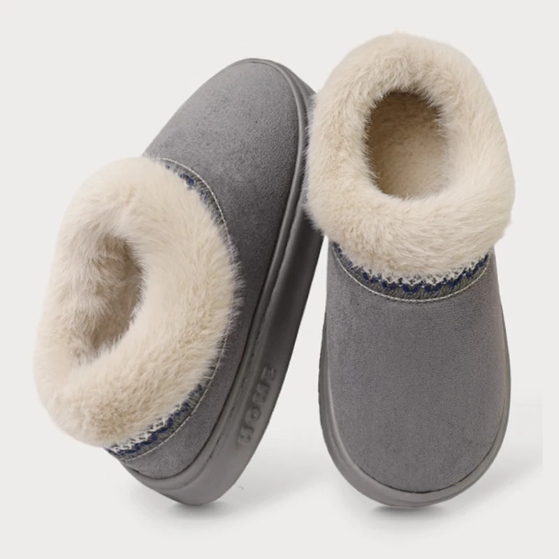 National Style Embroidery Fluffy Cotton Slippers Women Thick Sole Non Slip Faux Fur Slides Woman Short Plush Snow Boots Female