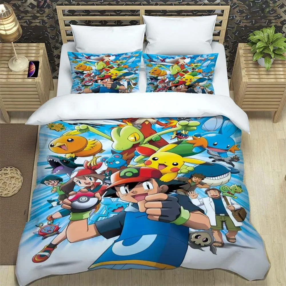 thumbnail image 1 of Funda de edredón con estampado de Pokémon de anime japonés y fundas de almohada, juego de cama con impresión digital 3D de microfibra, tamaño doble, tamaño Queen y King, 1 of 4