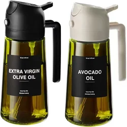 Dual - Function Olive Oil Dispenser and Sprayer with Dark Green Glass Bottle, 16oz/470ml - Includes Stickers (2Pcs Black White)