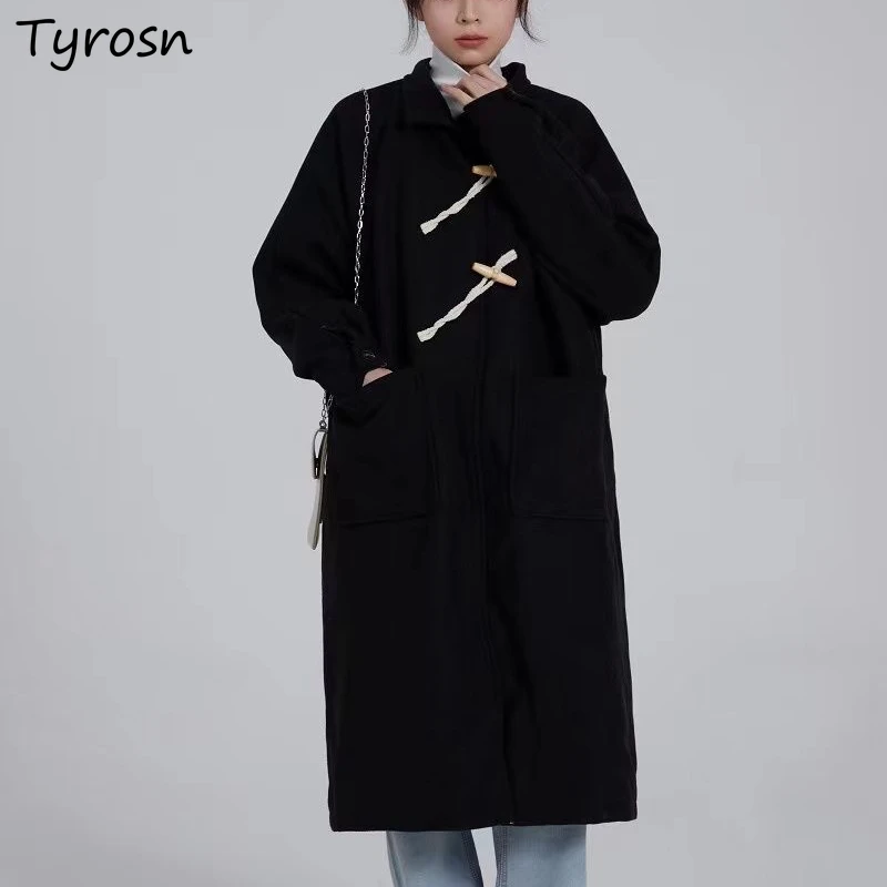 

Women Wool Blends Knee Length Turn-down Collar Retro Thickening Outwear Horn Buttons Female Ulzzang Warm Coats Hepburn Solid Ins