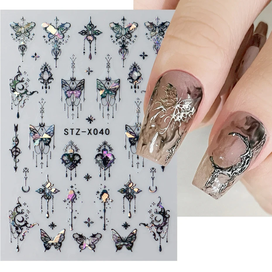 Nail Stickers 3D Holographic Black Butterfly Slider Laser Self-adhesive Decals Dark Castle Tassels Designs