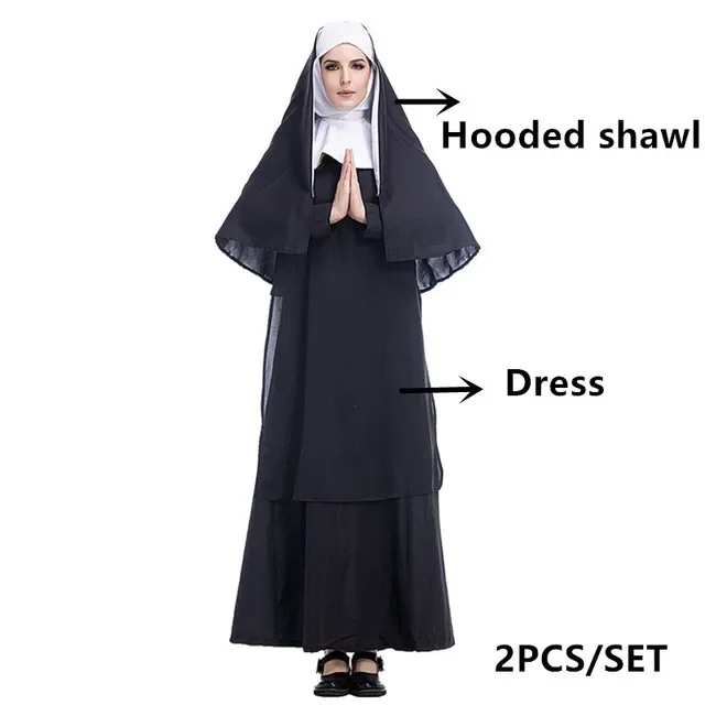 Medieval Cosplay Women And Men Nun Costumes Priest Monastery Maria Halloween Carnival Party Performance Disguise Black Clothing