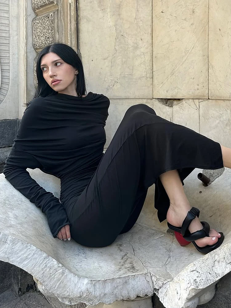 Nibber Ruched Maxi Dress Women Slash Neck Full Sleeve Skinny Stretch Solid Classic Simple High Street Elegant Banquet Vestidos