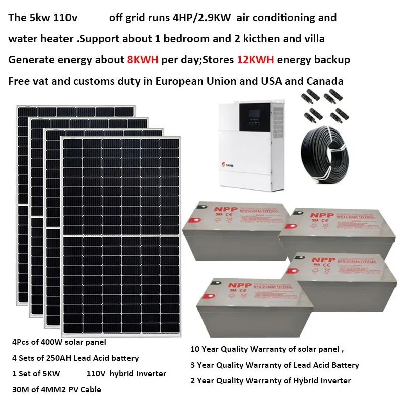 

Solar System Kit Complete With Battery 5000W 5KW 220v 110V Solar Panel 400W UPS MPPT Hybrid Inverter Off Grid 4HP Farm House