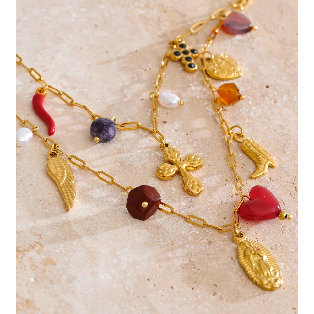 Yhpup Double-Layer Chain Heart Cross Necklace