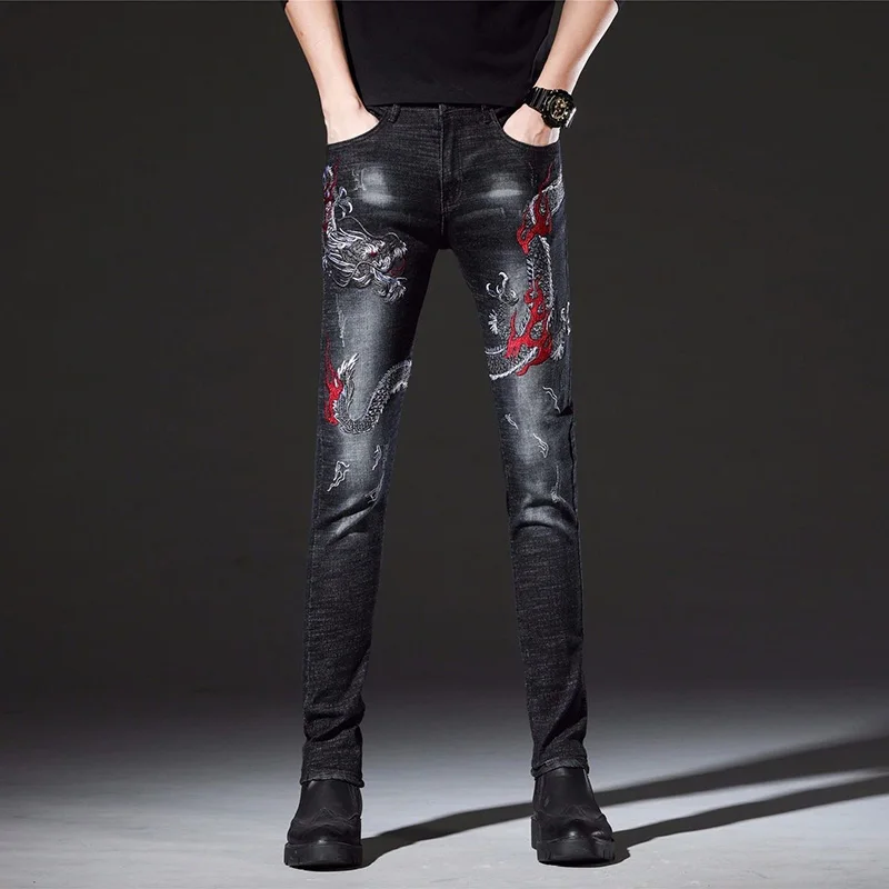 

Высококачественные мужские джинсовые брюки с вышивкой дракона потертые украшения царапины повседневные джинсы классические зауженные стильные длинные брюки;