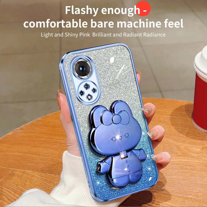 Honor50 Glitter Rabbit Makeup Mirror Holder Case On For Huawei Honor 60 50 90 30 20 Lite 30s Soft Cover Nova 10 11 Pro_voghion.com