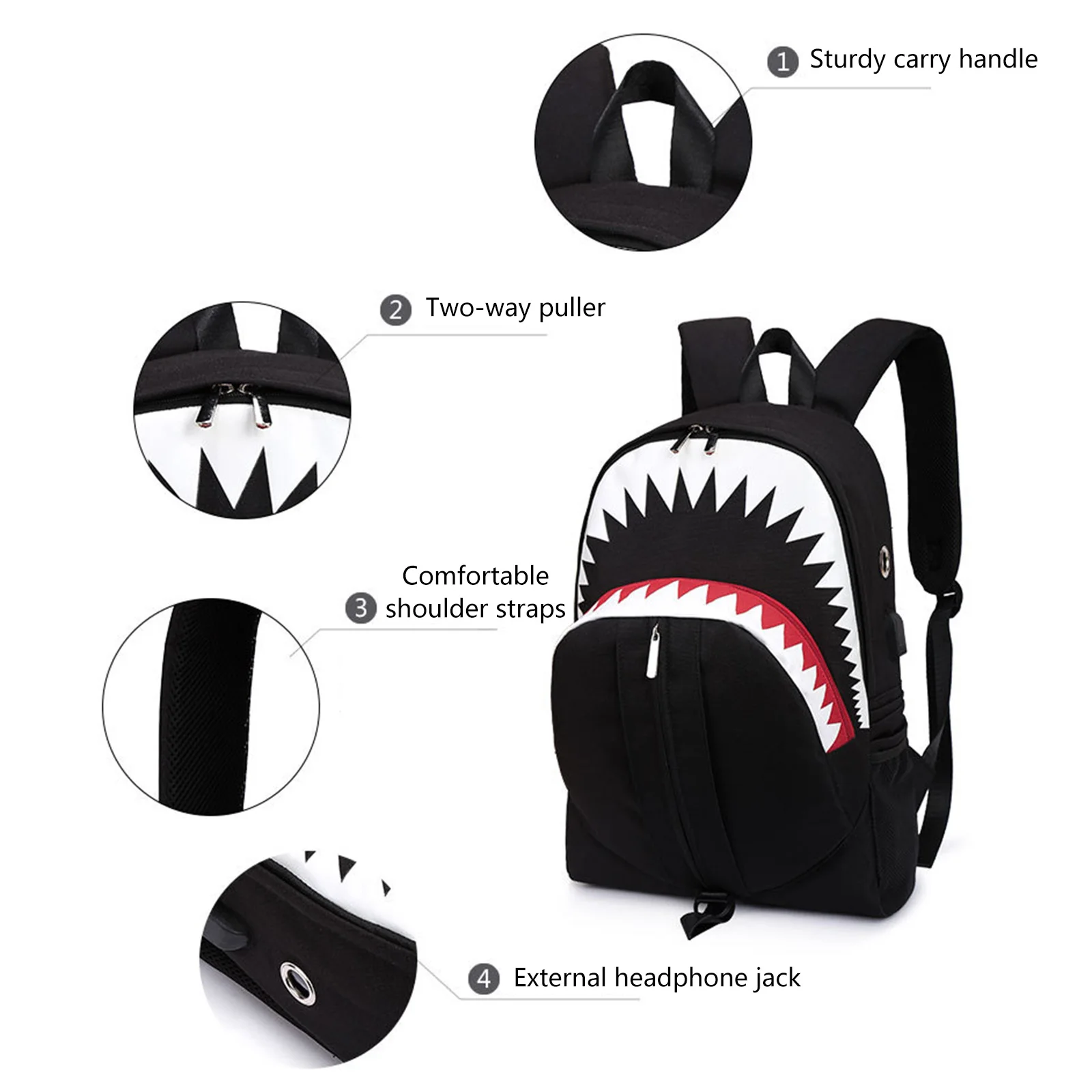 Shark Mouth School Backpack - USB Charging Night Luminous Laptop Rucksack Bag