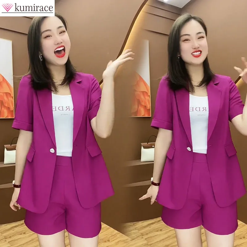 2022 Summer New Elegant Women\'s Shorts Suit Casual Short Sleeve Jacket Blazer Shorts Two Piece Set Office Work Suit Coverall