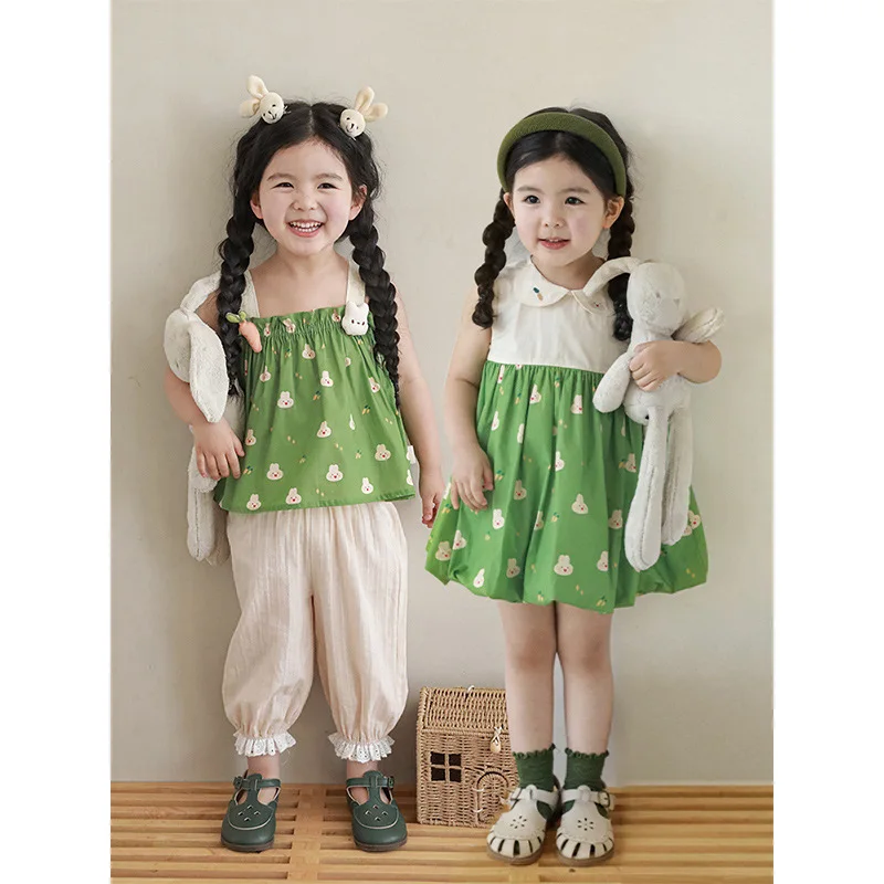 

Girls' Green Fragmented Flower Set Children's Fashion Cute Top 2023 Summer New Baby Dress