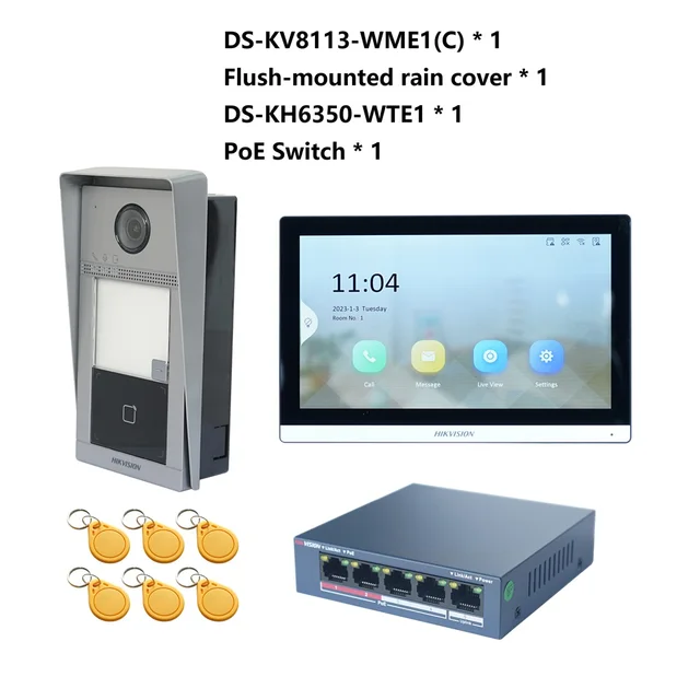HIKVISION Original Multi-language POE Video intercom KIT,include DS-KV8113-WME1(C) & DS-KH6350-WTE1 & PoE Switch 2