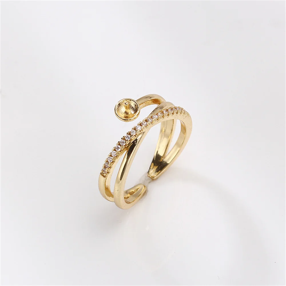 14k gold clad color preserving ring micro set zirconia ring pearl DIY accessories gold plated genuine gold craft leaf pearl micro inlaid zircon ring opening diy handmade accessories wholesale fit 8 9mm