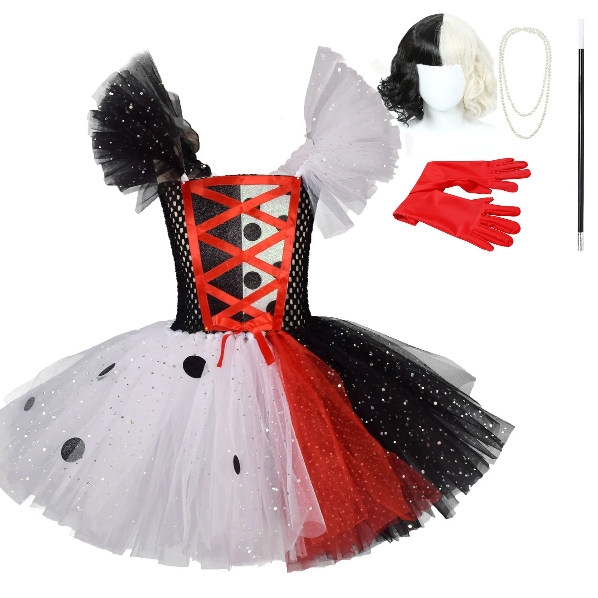 Black White Cruella Girls Costume Dalmatians Tutu Dress for Kids Villian Cruella De Vil Halloween Outfit Children Clothes 1-12Y cosplay costume kids girls dress halloween dress outfit animal tutu skirt outfit