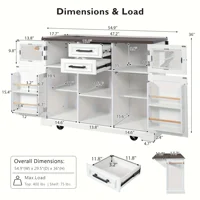 Rolling Kitchen Island On 4 Wheels With Drop Leaf, Power Outlet, Cross Barn Doors & Visual Glass Door For Kitchen, Dining Room 6