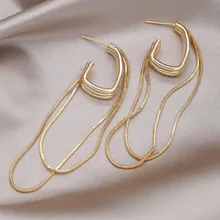  2023 Korean New Design Fashion Jewelry 14K Gold Plated C-shaped Chain Long Earrings Elegant Women's Evening Party Accessories 