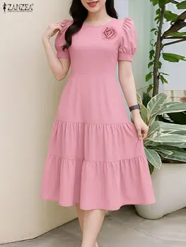 ZANZEA Abiti longuette a strati da donna eleganti e chic Fiore in tessuto Dettagliato O-Collo Manica corta a sbuffo Tinta unita Abito a trapezio Donna
