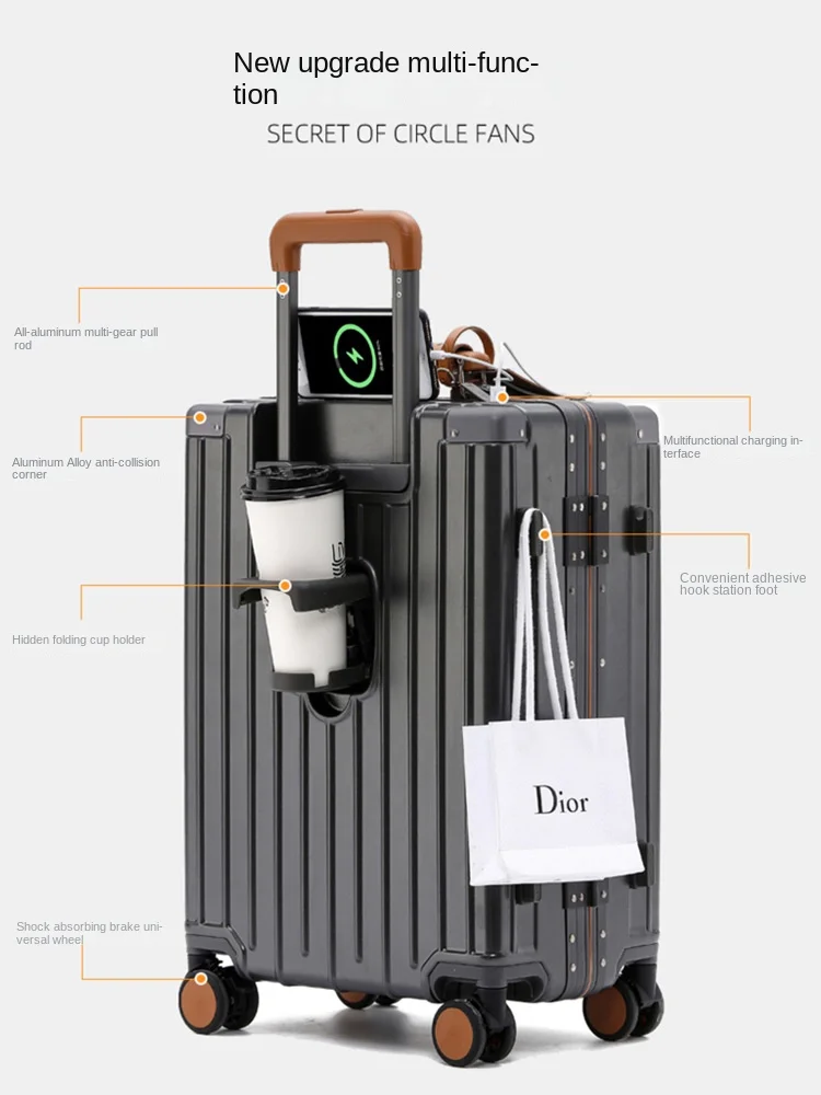 New Aluminum Frame Luggage Women's 20-Inch Boarding Bag Men's Trolley Case Universal Wheel Suitcase Pc rechargeable Suitcase