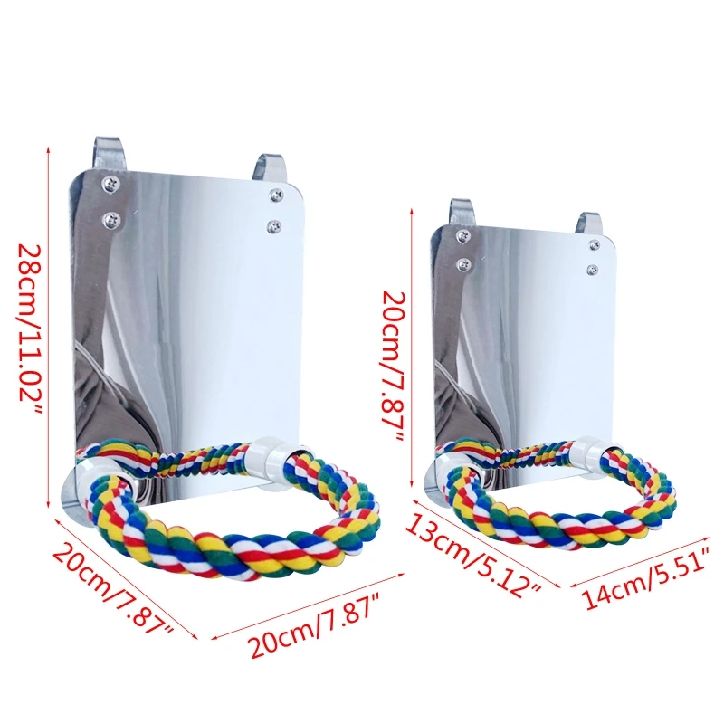 KX4B Acrylic Bird Mirror with Rope Perches Bird Swing Comfy Perch for Parakeet Cockatiel Conure Lovebirds Finch Canaries