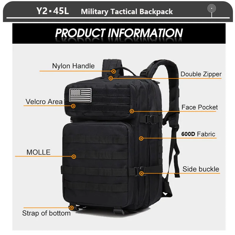 Taktischer Rucksack, 3-Tage-Assault-Pack, Molle-Tasche, 38/45 l, groß, wasserdicht, für den Außenbereich, Wandern, Camping, Reisen, 600D-Rucksack, Herren, Angeln – Detail 20