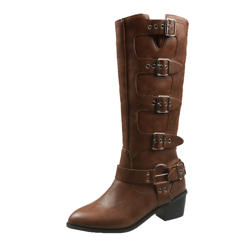 2023 Winter Shoes for Female Belt Slip-on Women's Knee-High Boots Square Heel Pointed Toe Women's Shoes Plus Size Ladies Boots