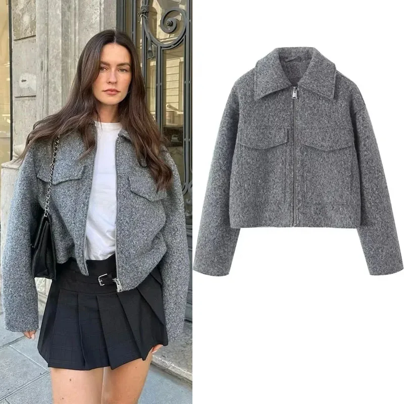 

TRAF Lapel Cropped Jacket Woman Autumn Cold Coat Waistcoat 2023 Casual Long Sleeves Loose Bomber Jacket Lady Pockets Zipper Tops