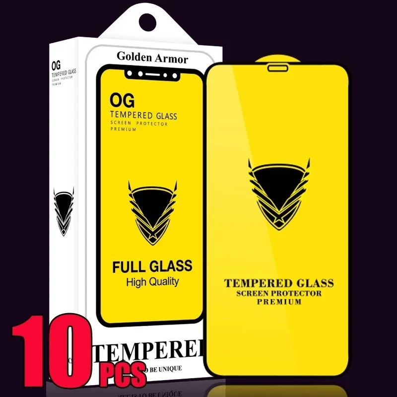 

10pcs Golden Armor OG Tempered Glass 9H Cover Screen Protector Film For iPhone 14 15 Pro Max 11 12 13 Pro X XR XS Max