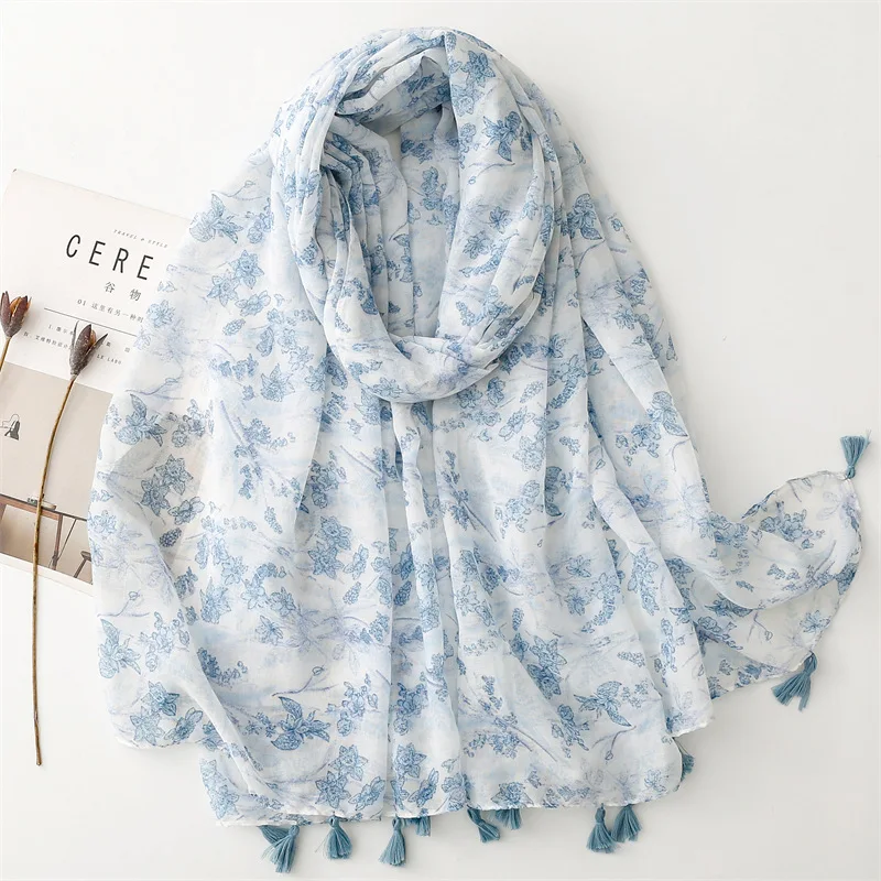 

2024 New Fashion Flower Print Tassel Scarf Shawls Long Women Floral Pattern Blossom Foulard Scarves Hijab Wrap Free Shipping