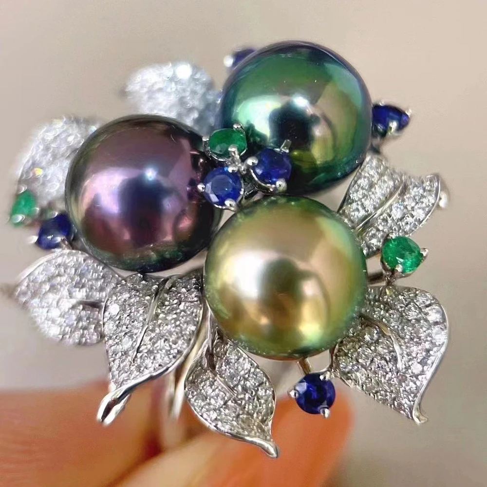 

MeiBaPJ 7-8mm Natural Peacock Blue Round Pearls Flower Fashion Ring 925 Sterling Silver Fine Wedding Jewelry for Women
