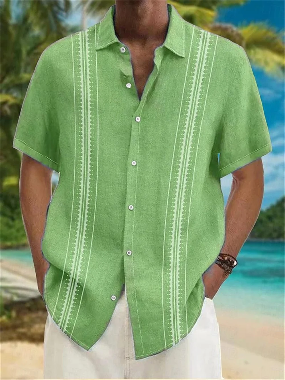 Men's Summer 3D Printed Lines Short Sleeved Lapel Button Up Shirt Fashionable Hawaiian Vacation Casual Clothing