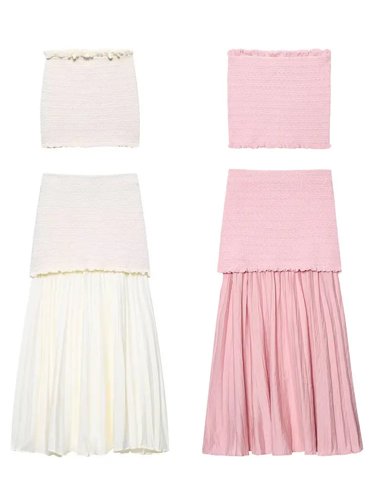 HH Women Elegant Solid Knitted Skirts Suit Sleeveless Backless Short Vest Tops Ruffles Splicing Skirt High Street Lady Sets