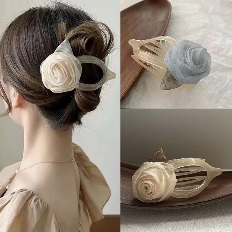 Big Fabric Camellia Floral Flower Barrette for Women Girl Solid